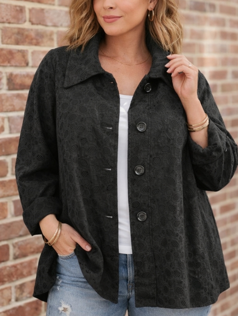 Avenue Black Textured Jacket 18/20 Button Front‎ Boho Chic Oversized Lagenlook